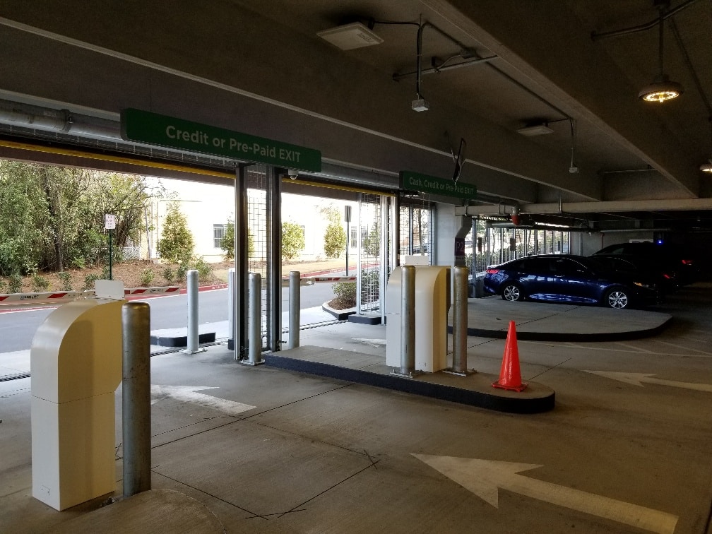 Payment systems for controlled access parking at the exit of the parking garage.