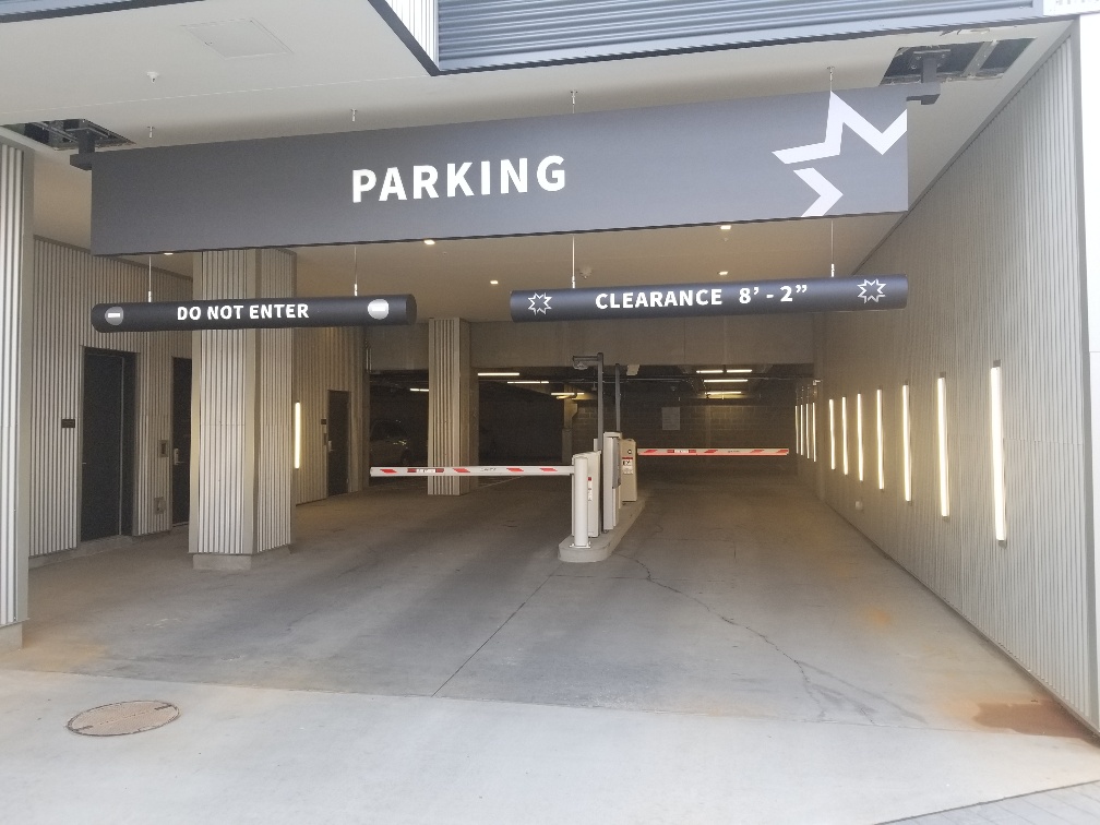 Entrance and exit of a controlled parking garage.
