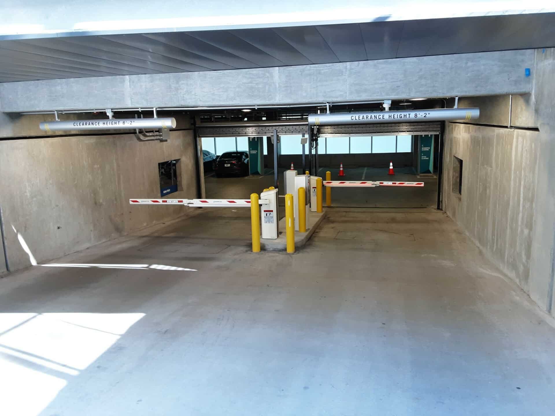 Underground parking garage entrance and exit.