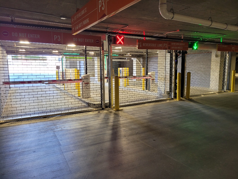 Overhead doors close off parking entrance and exit.